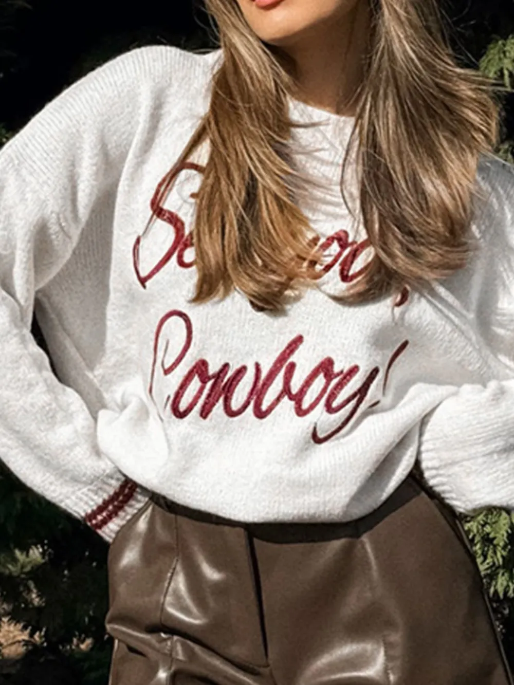 Letter Contrast Hem Round Neck Sweater, image 6