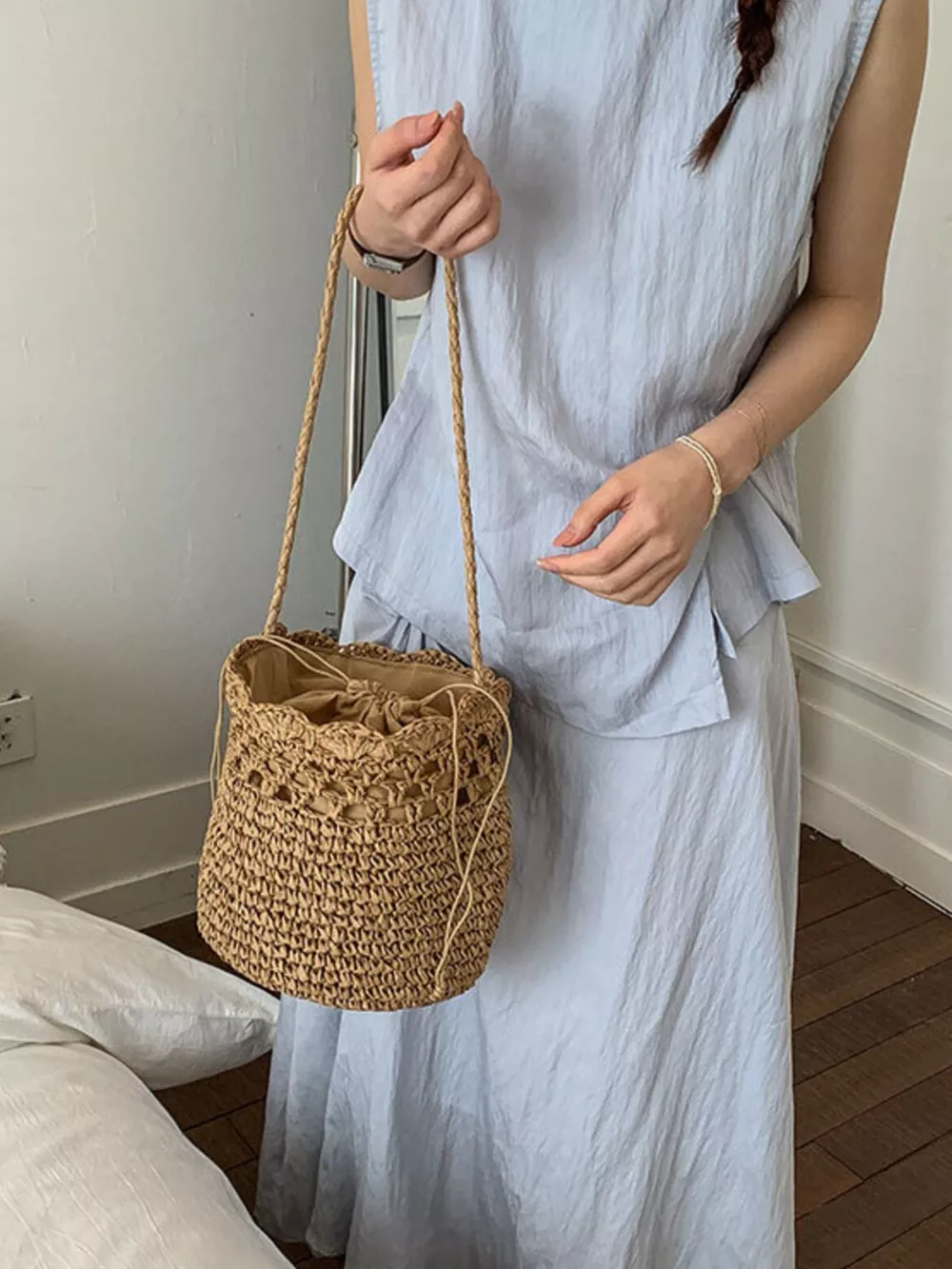 Woven Straw Bucket Shoulder Bag, image 6
