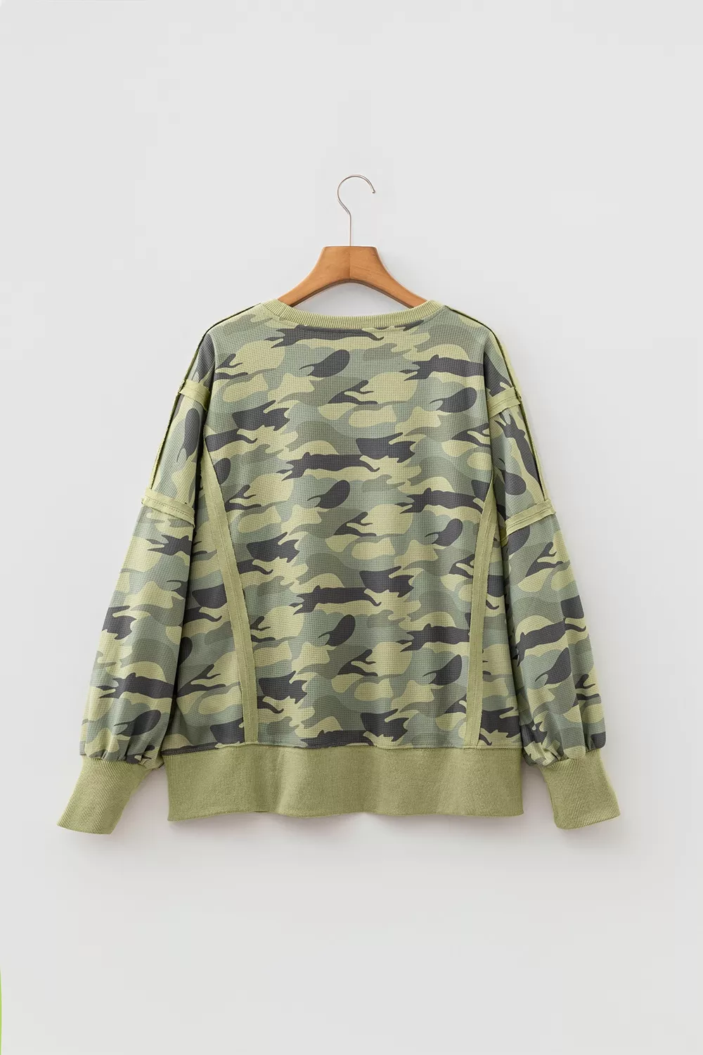 Camouflage Waffle Knit Raw Edge Contrast Trim Oversized Long Sleeve Top, image 11