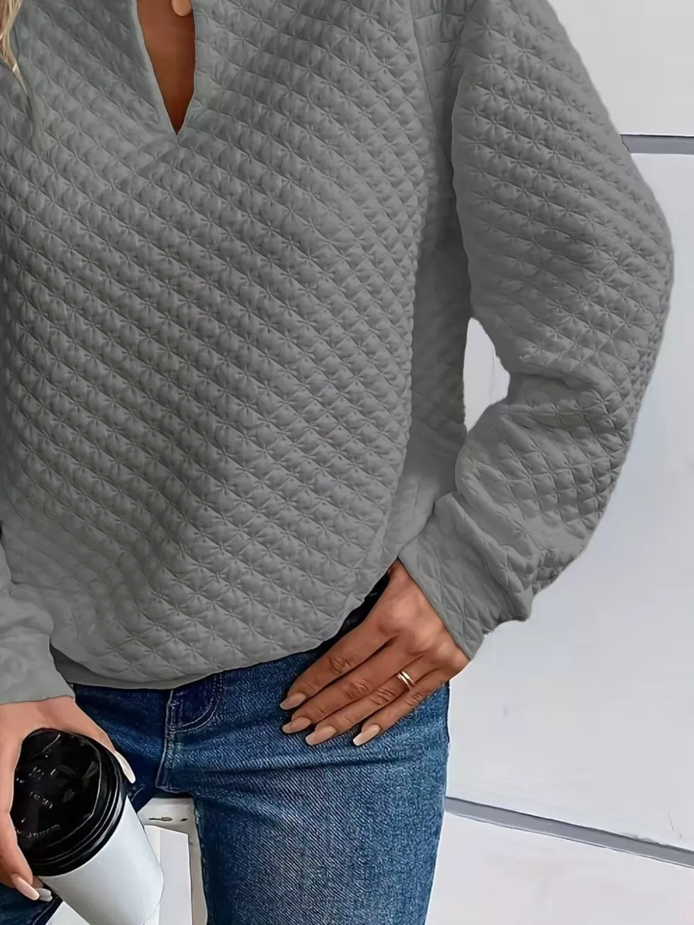 Textured Notched Raglan Sleeve Sweatshirt, image 8
