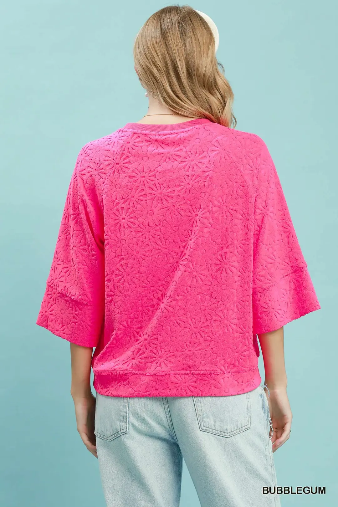 Round Neck Textured Floral Terry Blouse, image 3