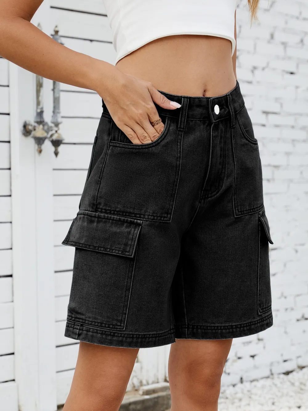 High Waist Denim Shorts with Cargo Pockets, image 8