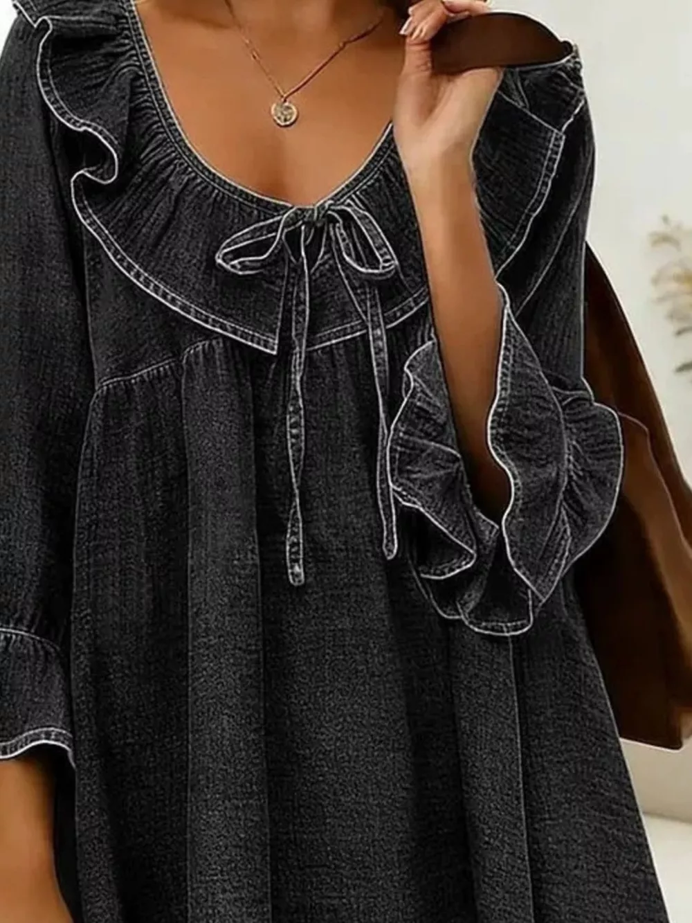 Full Size Ruffled V-Neck Denim Top with Tie-Front Detail Plus Size, image 6