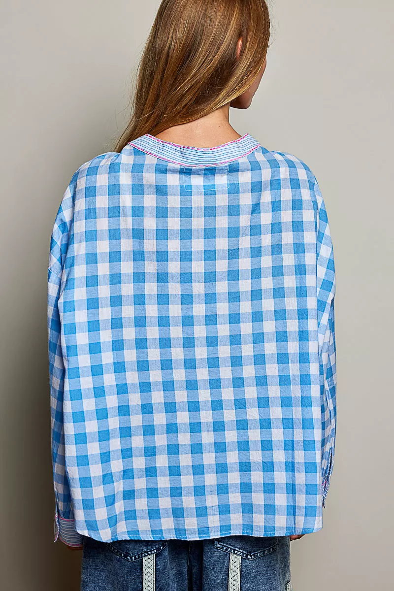 POL Gingham Embroidered Palm Tree Blouse, image 3