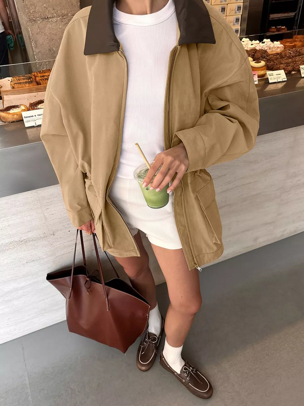 Oversized Contrast Collar Jacket with Drawstring Waist, image 2