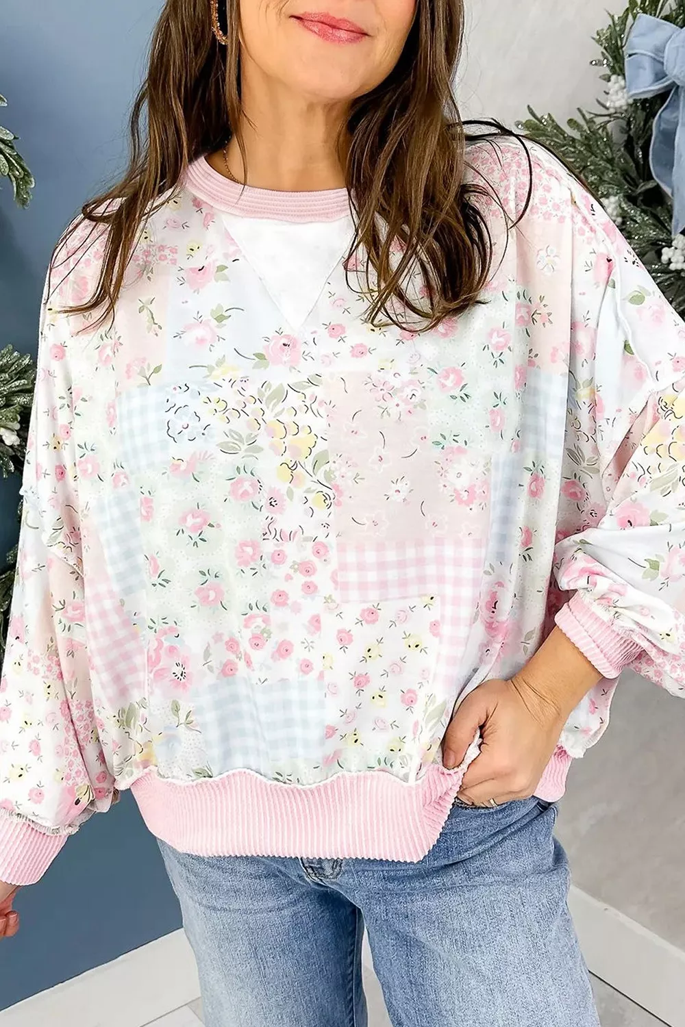 Twisted Ribbed Trim Floral Print Patchwork Long Sleeve Top, image 4