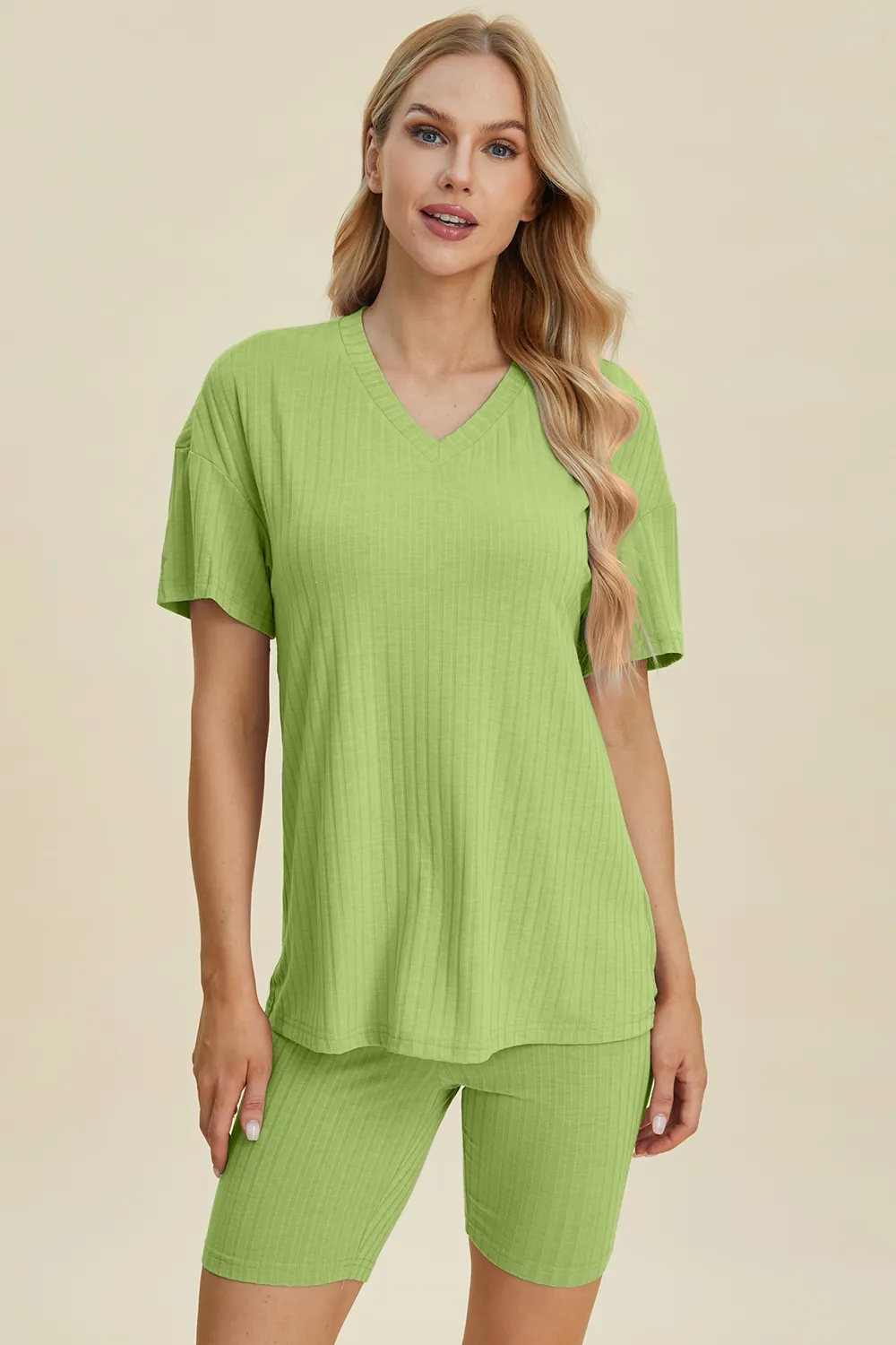 Full Size Ribbed V-Neck Short Sleeve Top and Shorts Set, image 19