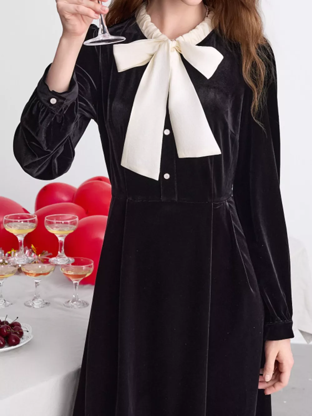 Velvet Bowknot Long Sleeve A-Line Dress, image 3