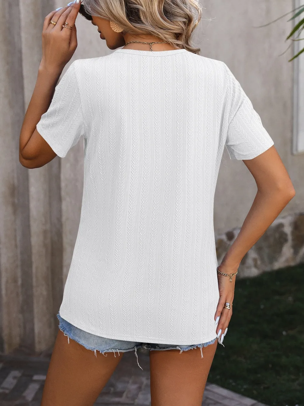 Decorative Button Round Neck Short Sleeve Blouse, image 9