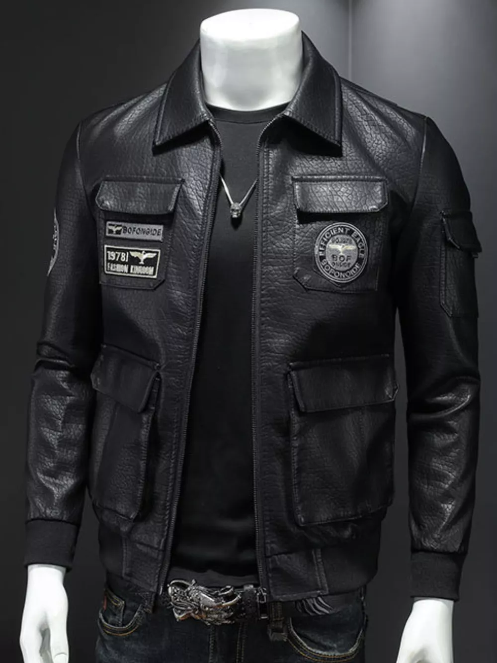 Men's Plus Size Zip Up Leather Bomber Jacket