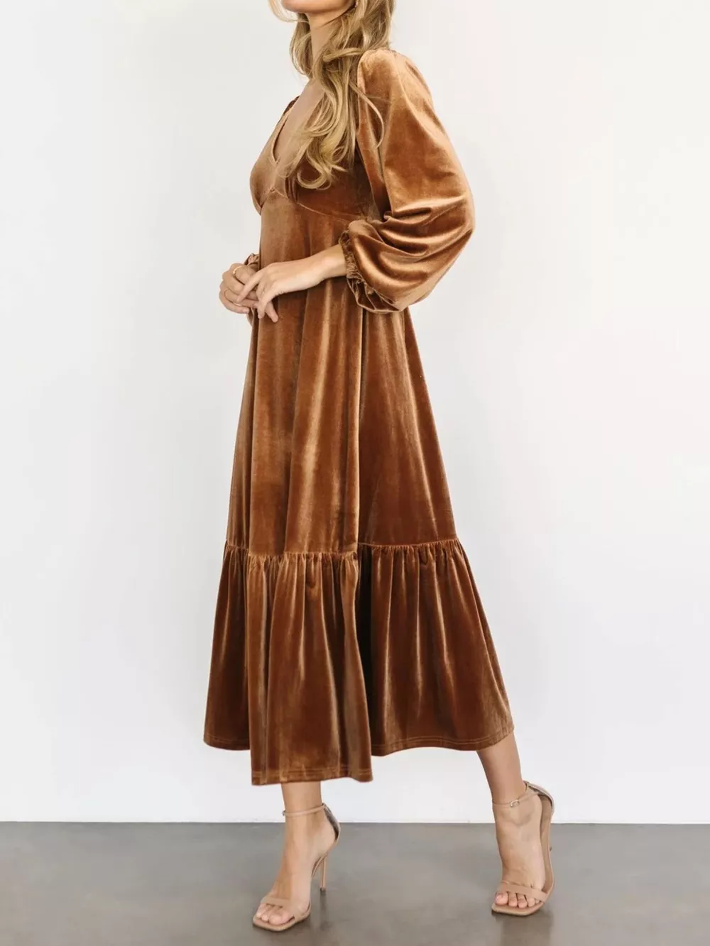 Velvet Tiered Long Sleeve Midi Dress, image 11