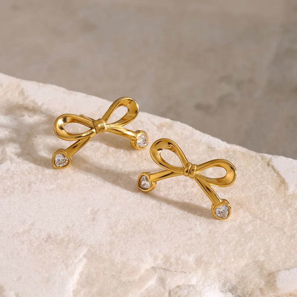 Stainless Steel Inlaid Zircon Bow Earrings, image 4