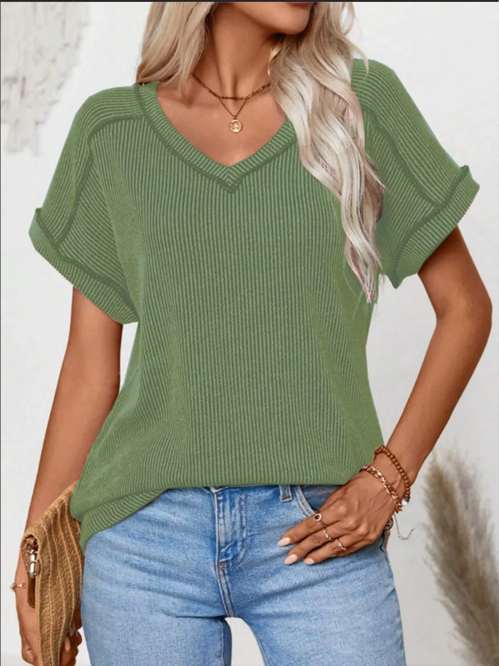 Exposed Seam V-Neck Short Sleeve Top, image 14