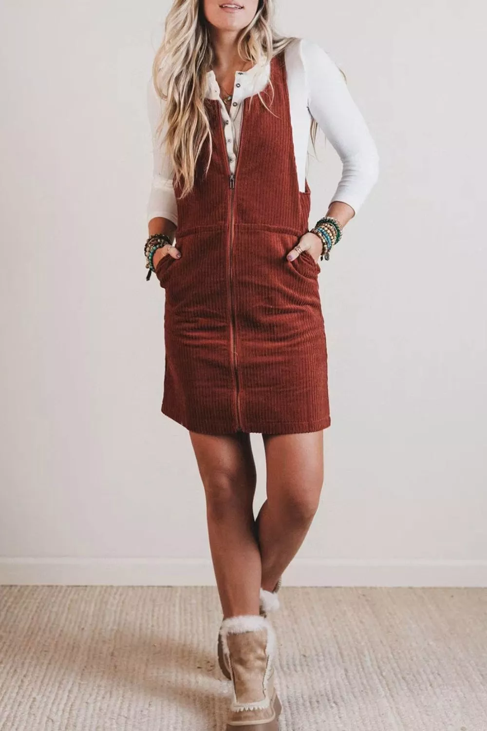 Ribbed Corduroy Zip-Up Sleeveless Pocket Sheath Dress, image 3