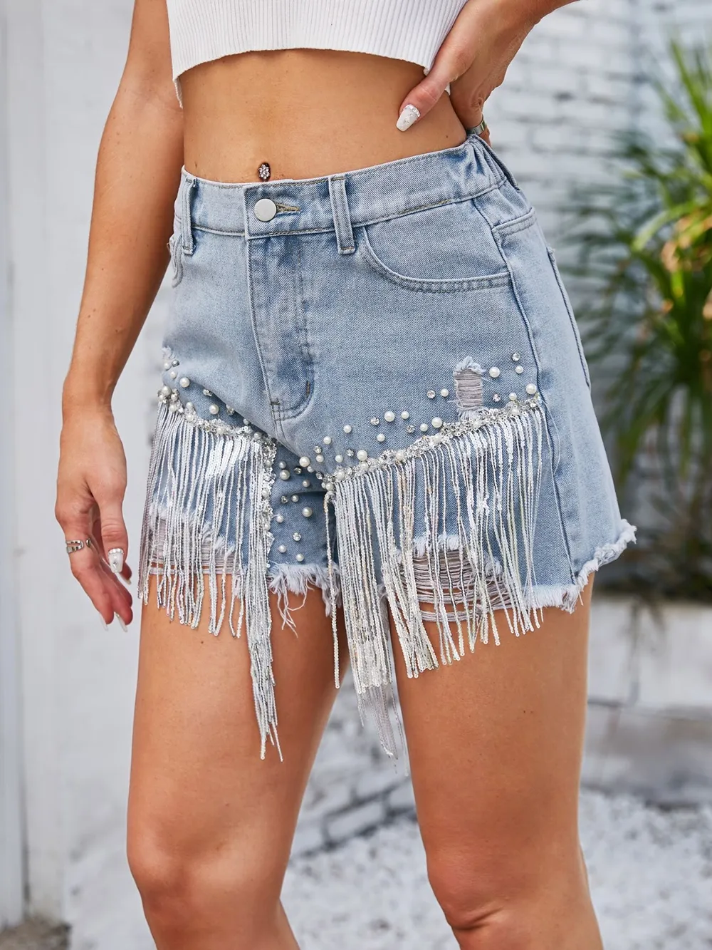 Distressed Pearl Trim Denim Shorts with Pockets, image 4