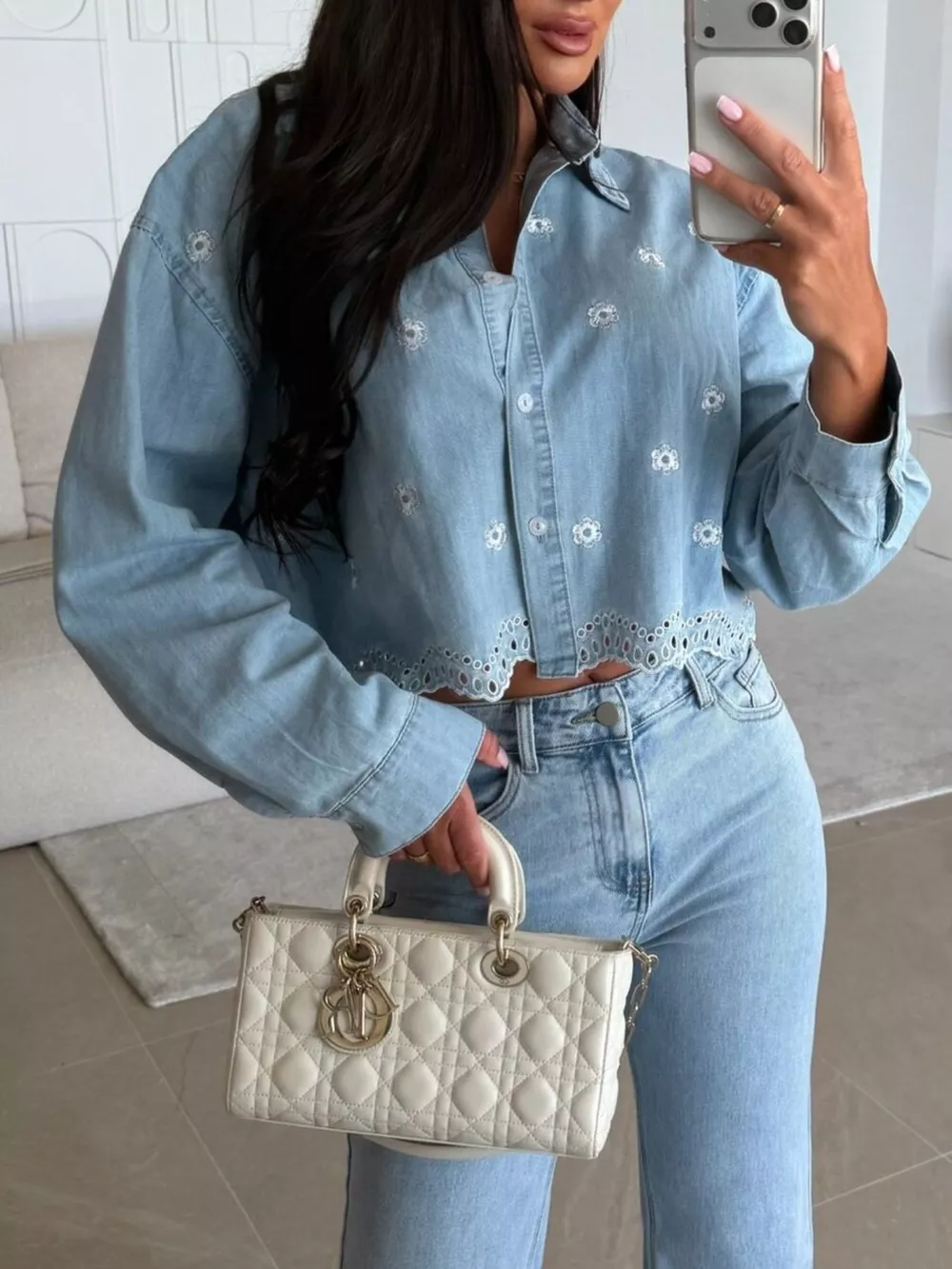 Embroidered Cropped Denim Shirt, image 4