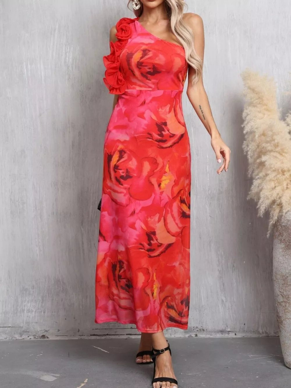 Floral Print One Shoulder Ruffle Trim Dress, image 3