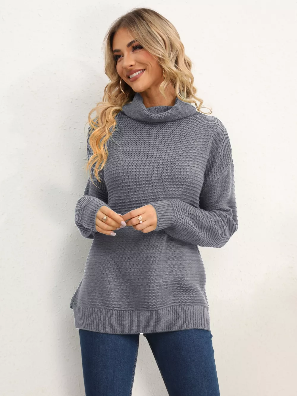Slit Turtleneck Dropped Shoulder Sweater, image 25