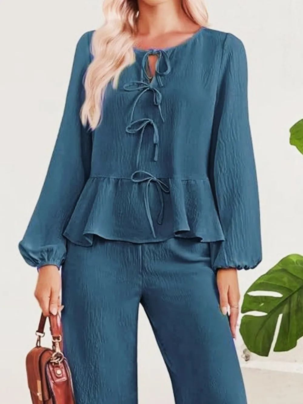Tie Neck Balloon Sleeve Top and Pants Set, image 15