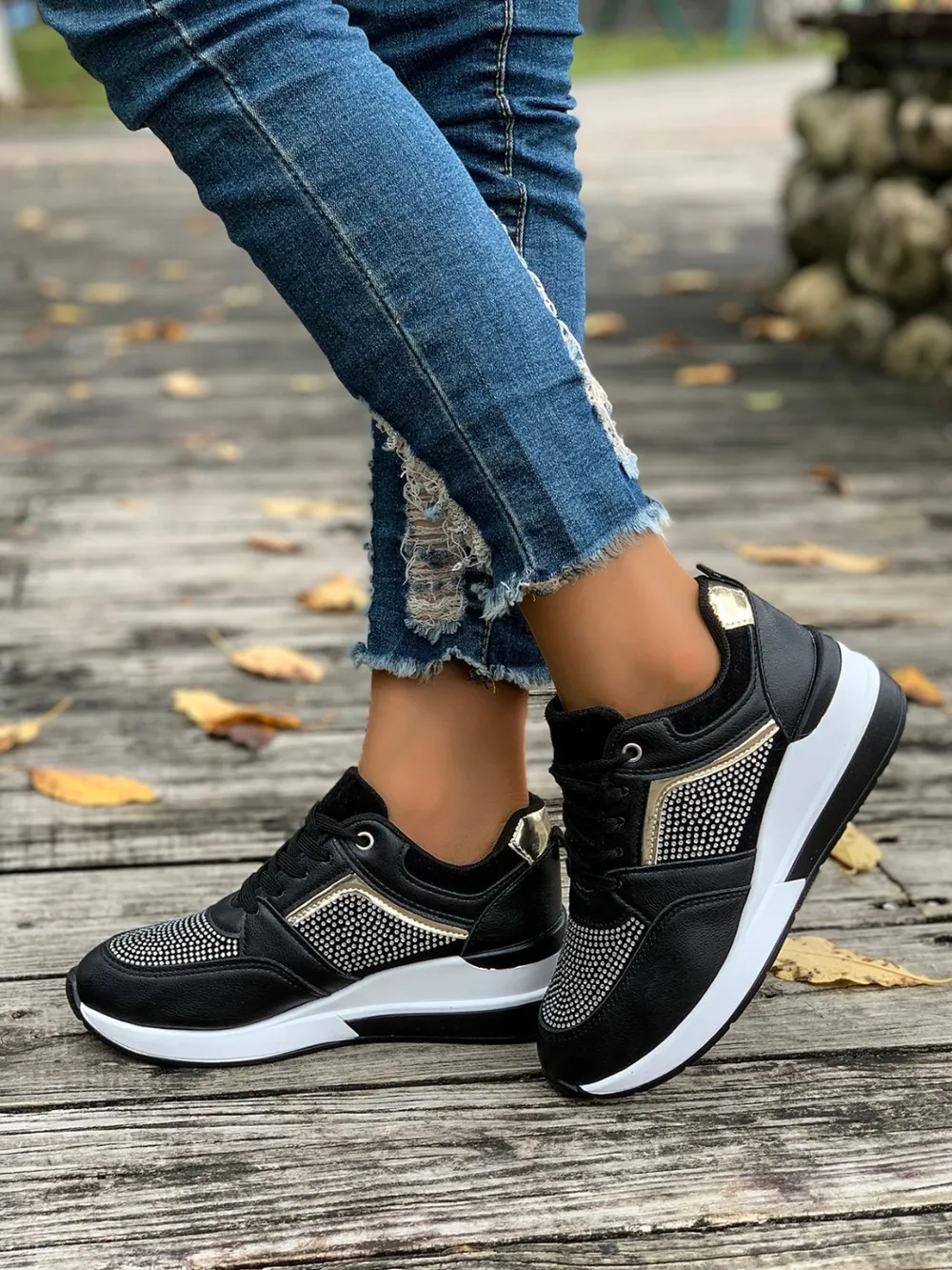 Lace-Up Rhinestone Wedge Sneakers, image 3