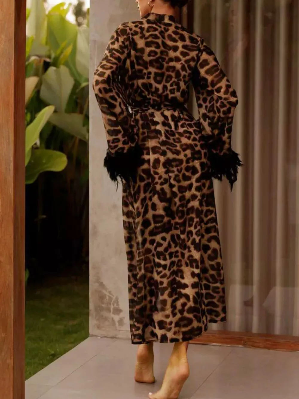 Leopard Print Feather-Trimmed Lounge Nightgown Robe, image 3
