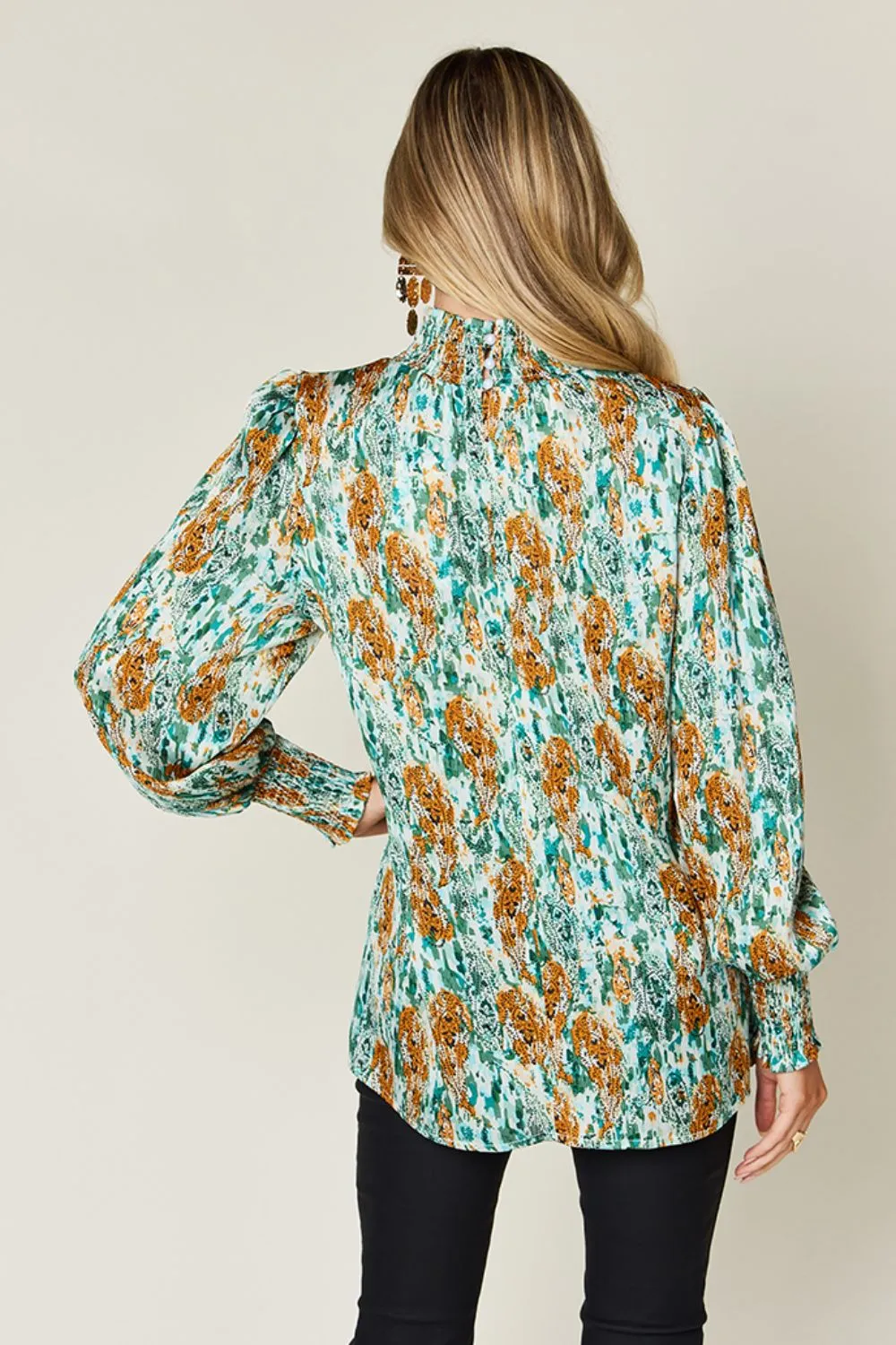 Full Size Printed Smocked Long Sleeve Blouse, image 30