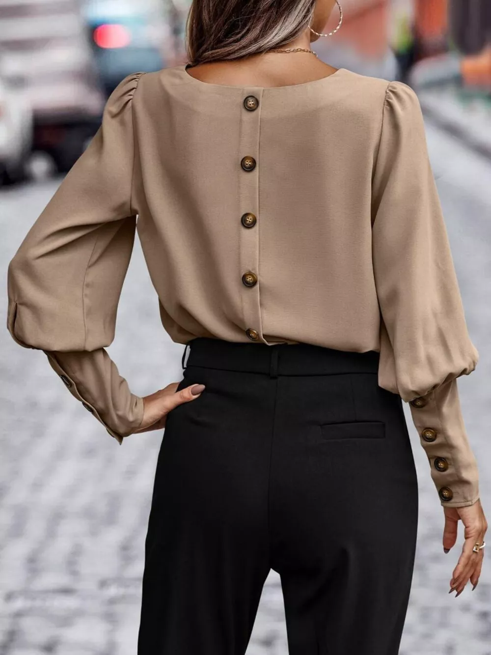Back Button Lantern Sleeve Blouse, image 5