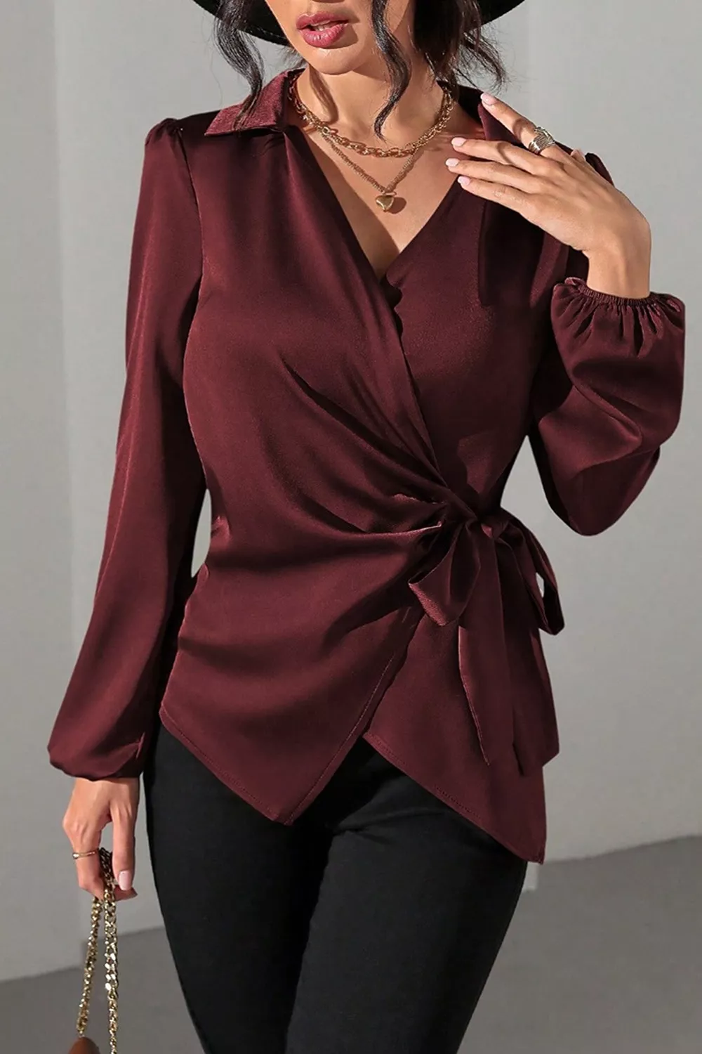Satin Tied Detail Long Sleeve Blouse, image 12