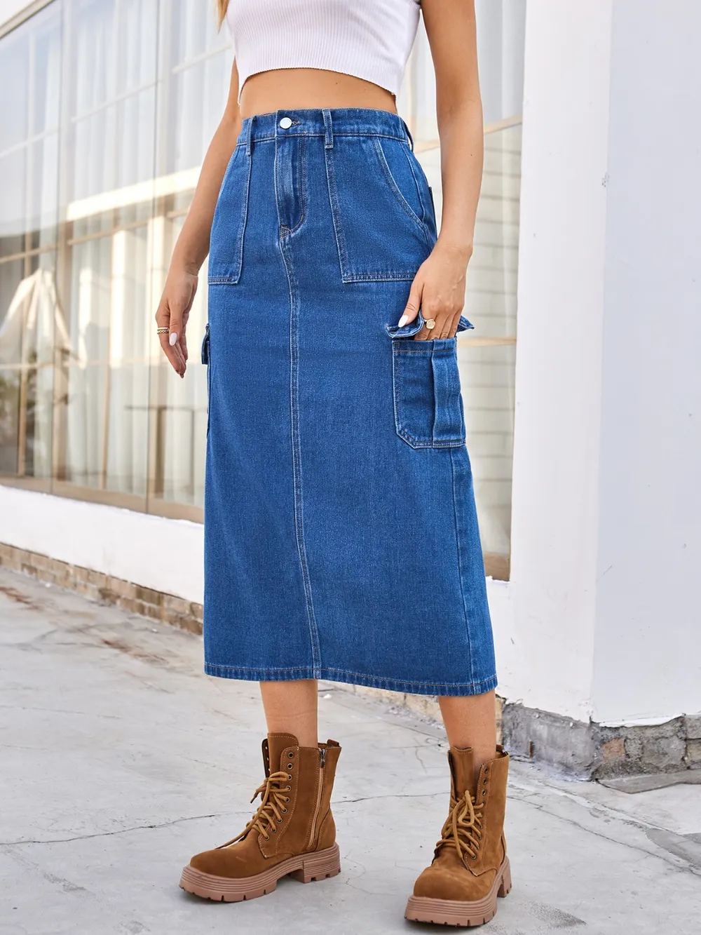 Slit Midi Denim Skirt with Pockets, image 2