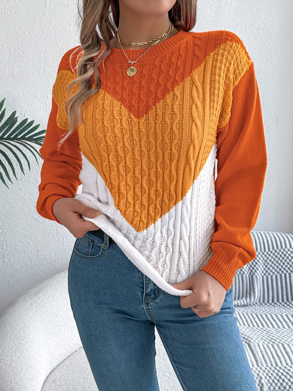 Contrast Round Neck Long Sleeve Sweater, image 10