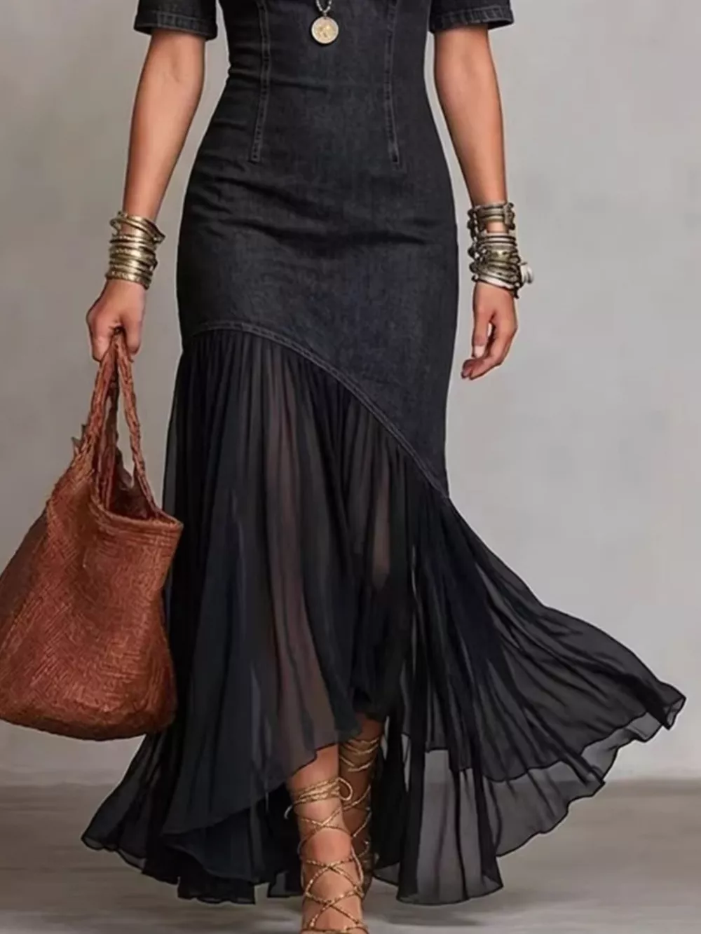 Mock Neck Cold Shoulder Ruffle Hem Maxi Dress, image 3