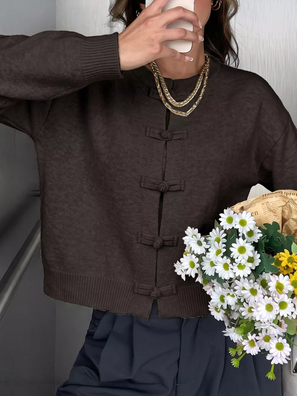 Chinese-Style Button Knit Cardigan, image 3