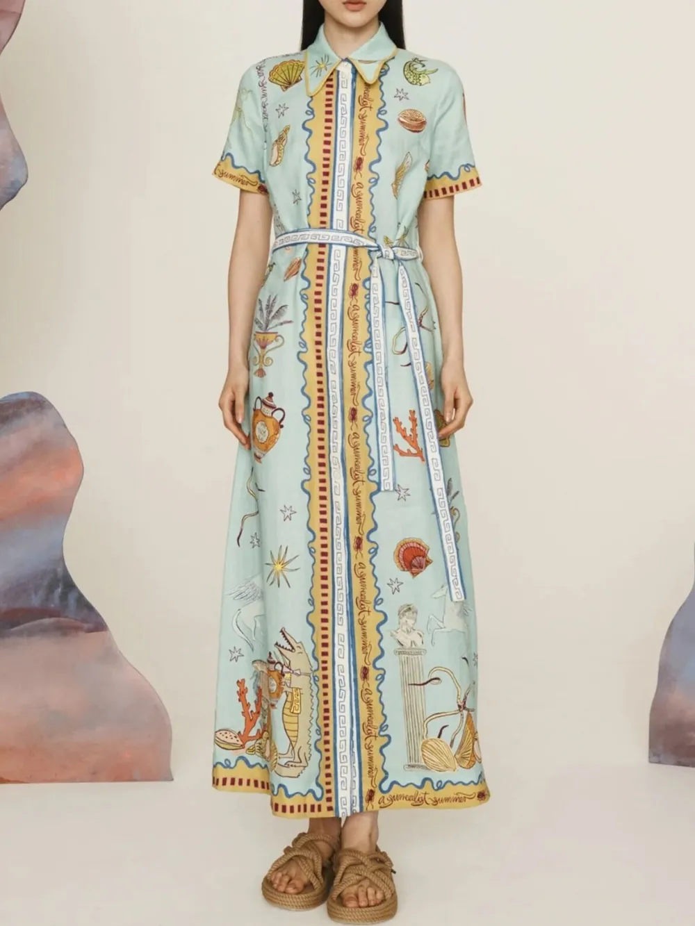 Printed Short Sleeve Maxi Shirt Dress with Belt
