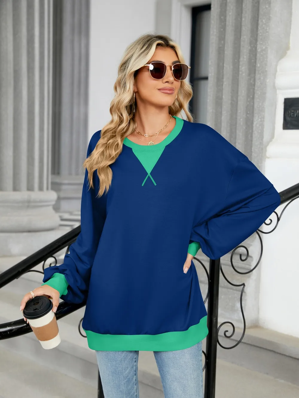 Contrast Round Neck Long Sleeve Sweatshirt, image 3