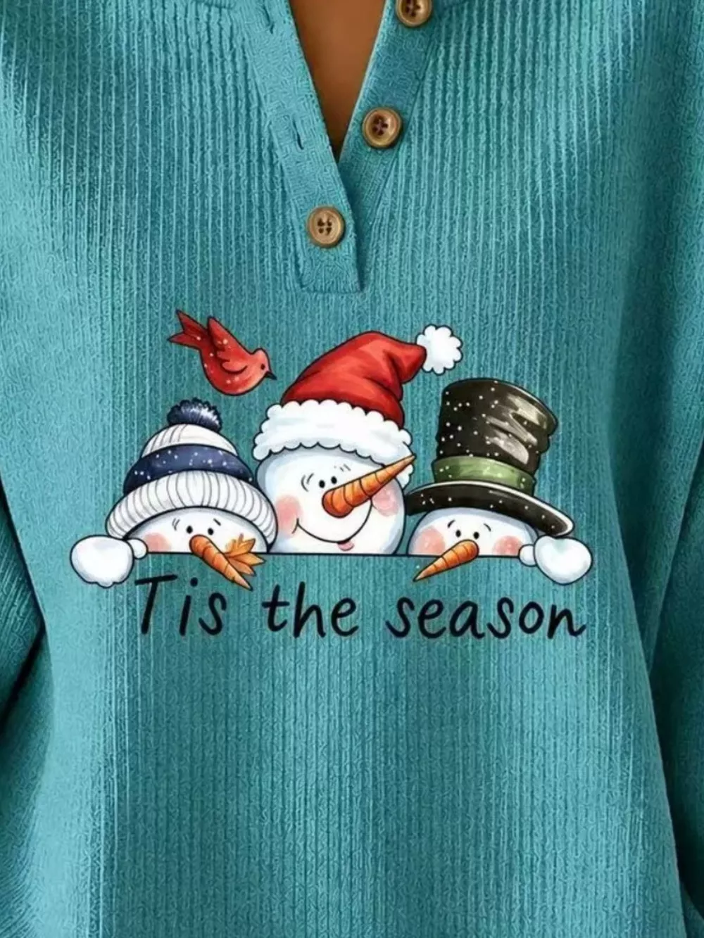 Full Size Christmas Themed Snowman Graphic Ribbed Henley Sweatshirt Plus Size, image 2