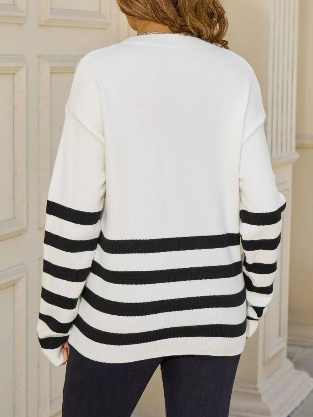 Striped Trim Crew Neck Sweater, image 7