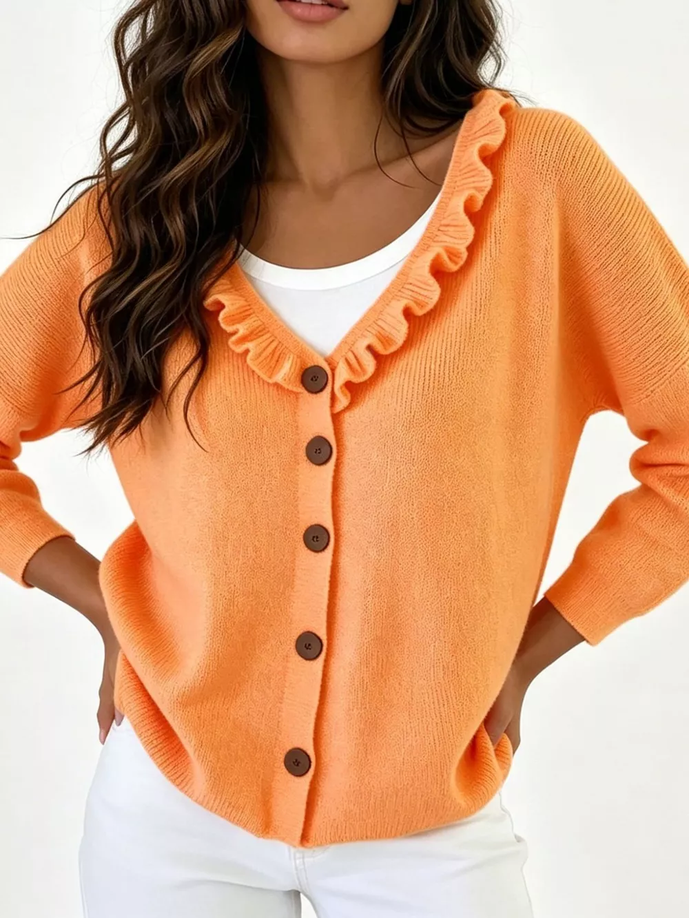 Ruffled Neckline Button-Up Cardigan, image 7