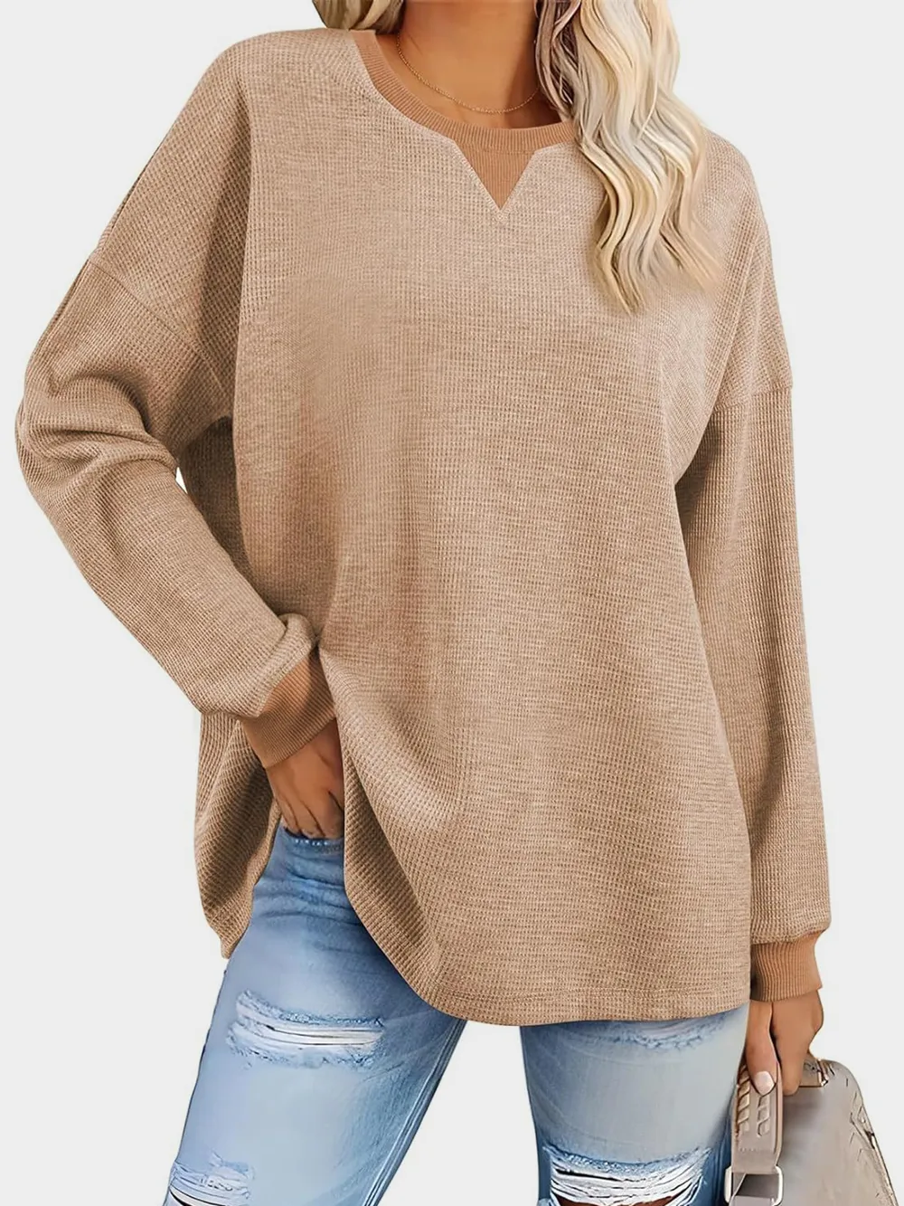 Waffle Knit Round Neck Long Sleeve T-Shirt, image 14