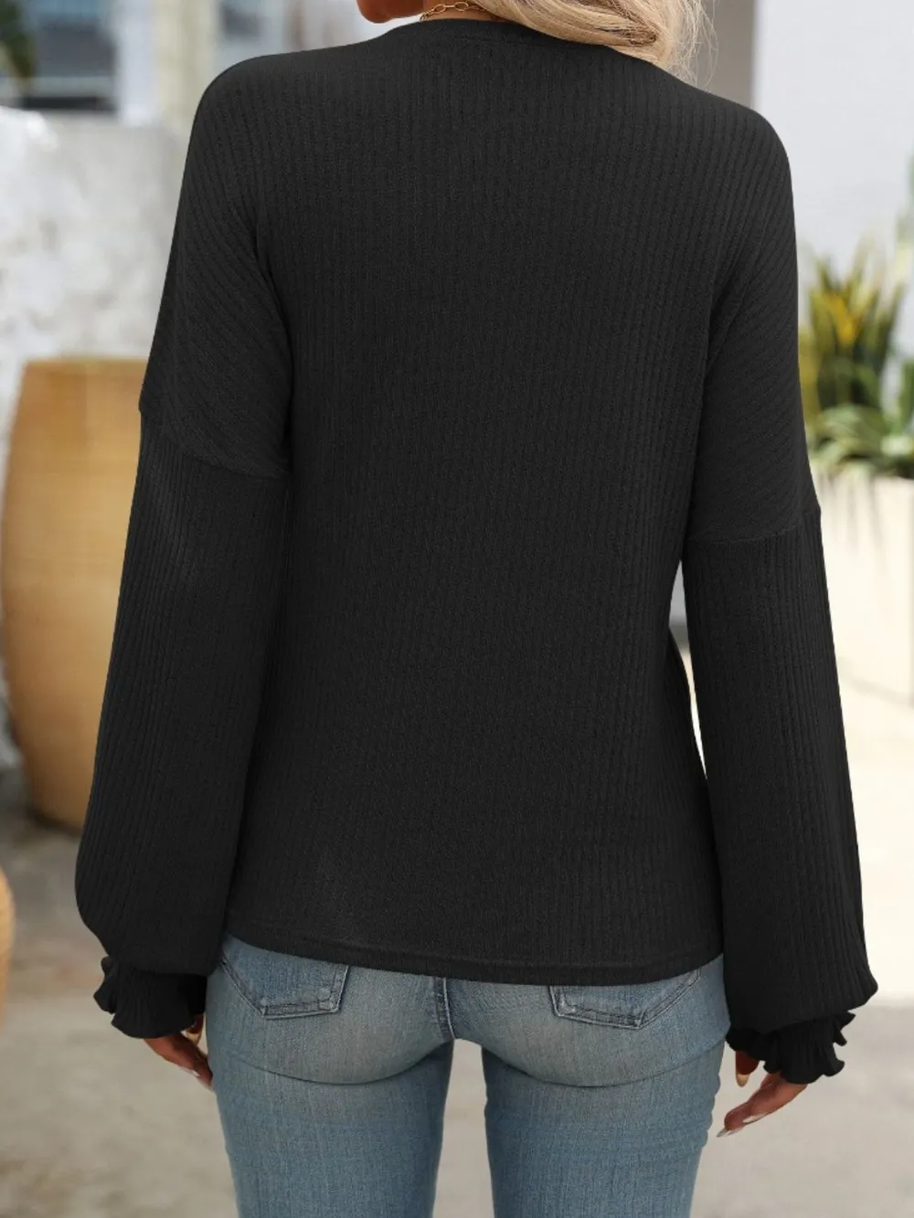Ribbed Round Neck Long Sleeve T-Shirt, image 8