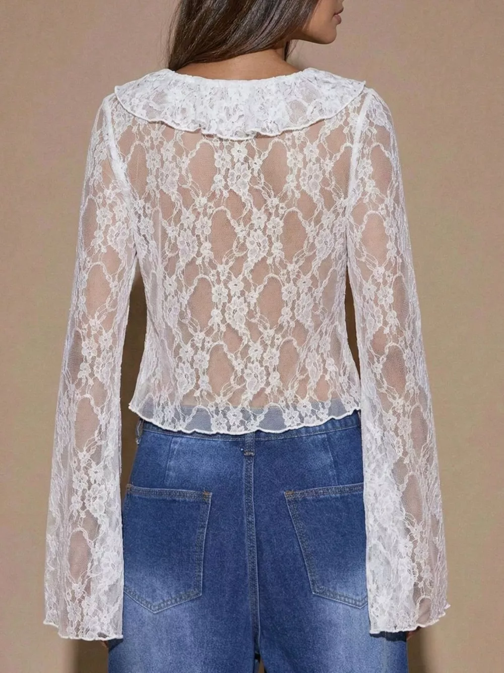 Sheer Lace Ruffle Tie-Front Blouse, image 4