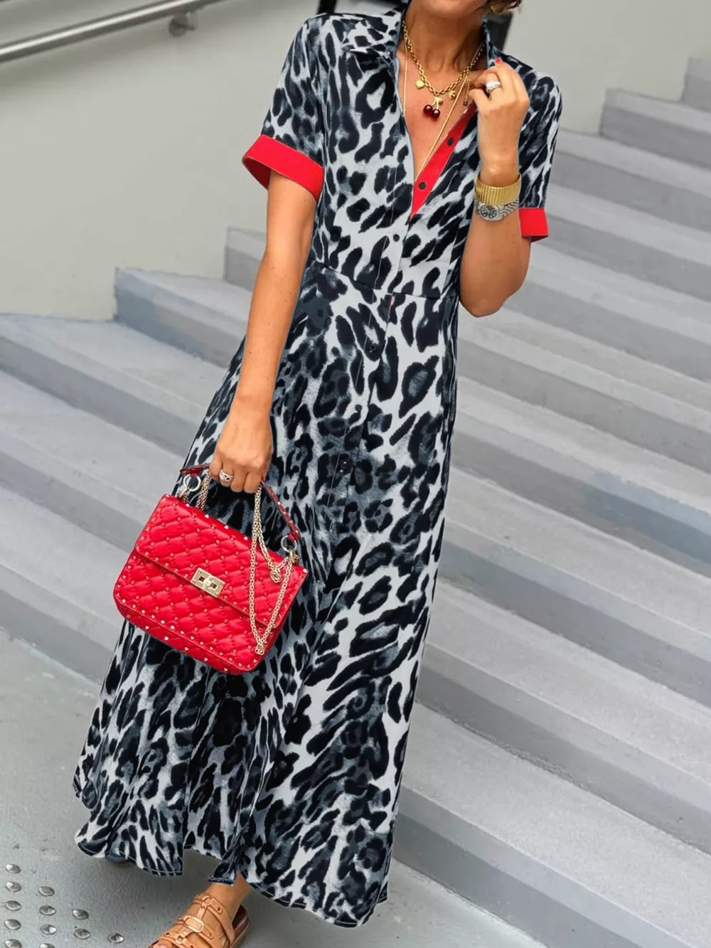 Leopard Print Button-Down Dress with Contrast Trim, image 14