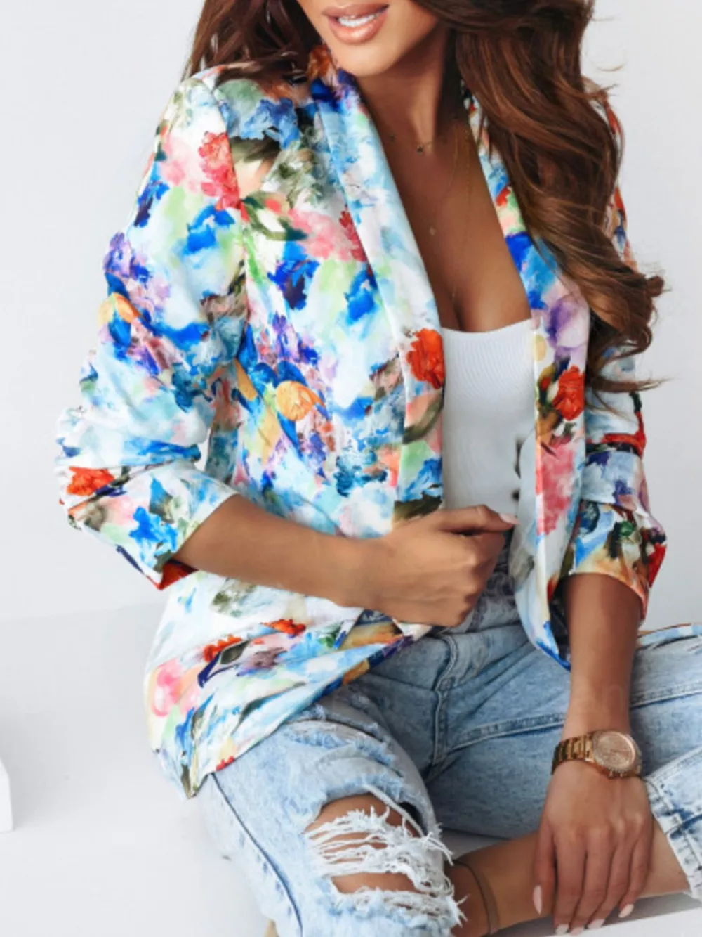 Vibrant Floral Print Open Front Blazer, image 4