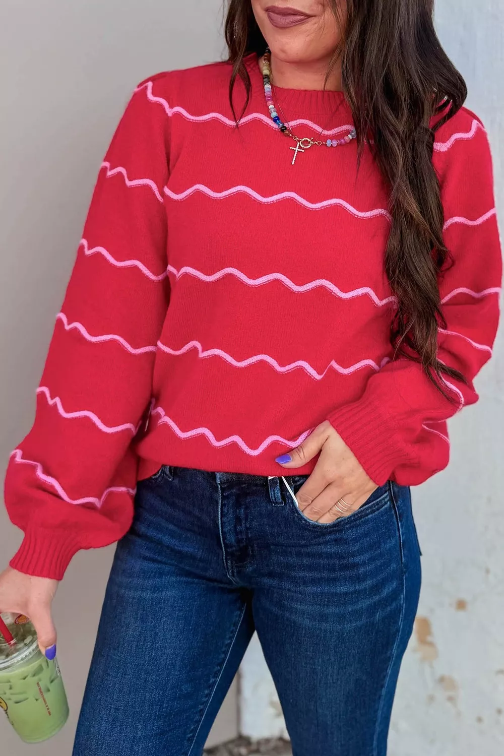Striped Round Neck Long Sleeve Shift Pullover Sweater, image 3