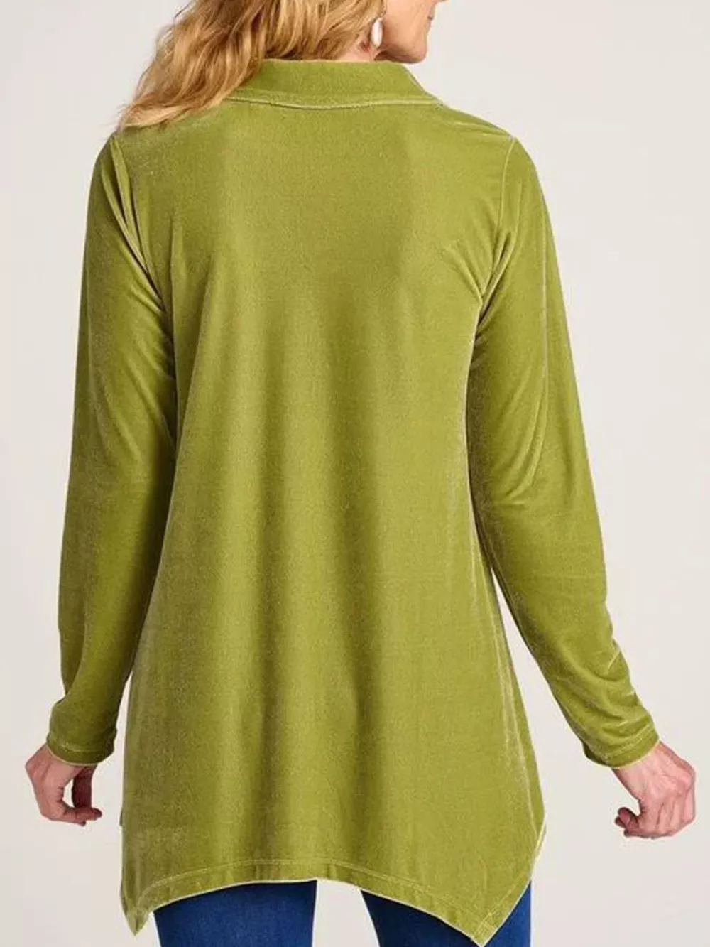 Velvet Button-Down Long Sleeve Shirt with Asymmetrical Hemline, image 3