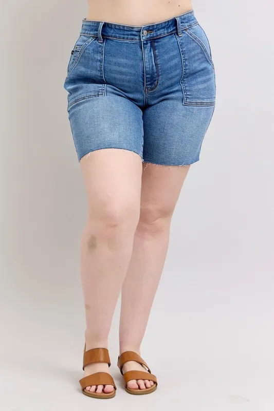 Full Size Mid Rise Bermudas Denim Shorts W/ Back Flap Pockets Plus Size, image 3