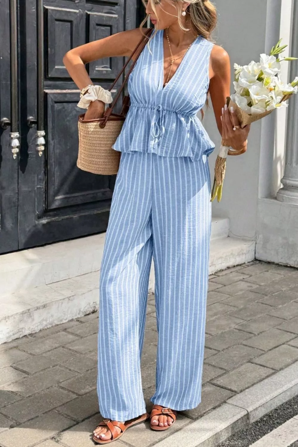 Striped Sleeveless Top and Wide Leg Pants Set, image 11