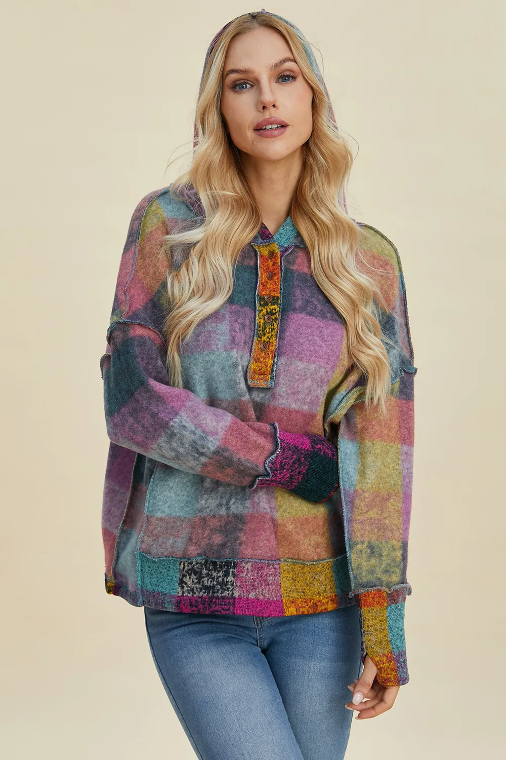 Full Size Plaid Dropped Shoulder Fleece Hoodie, image 12