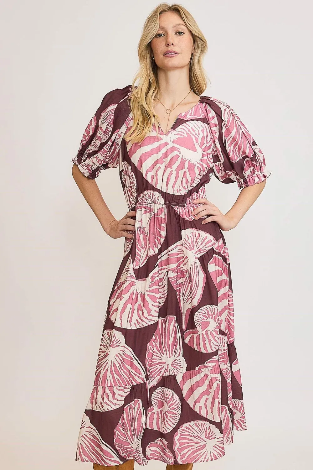 Full Size Printed Notched Puff Sleeve Midi Dress Plus Size