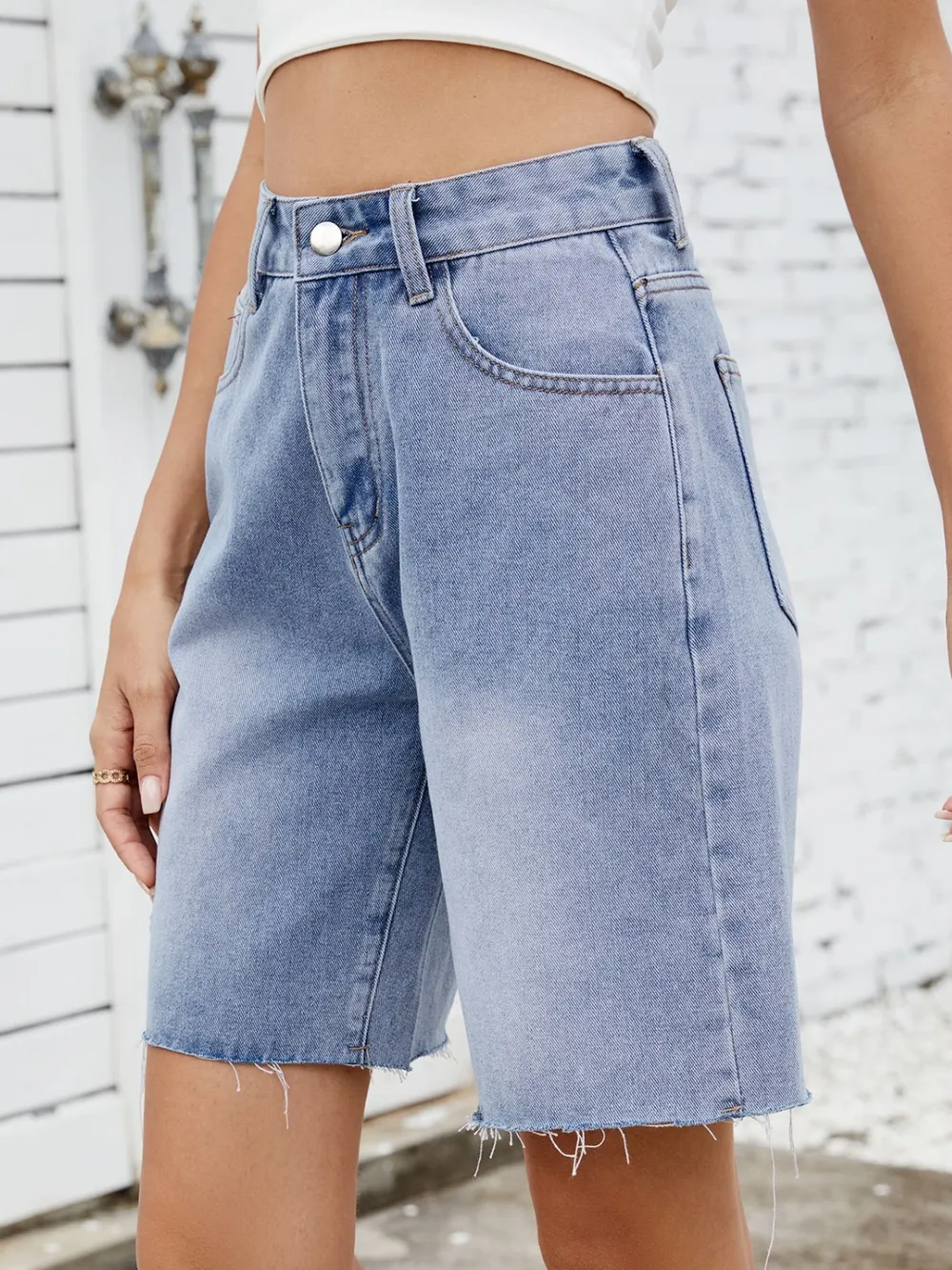 Washed Raw Hem Denim Shorts, image 4