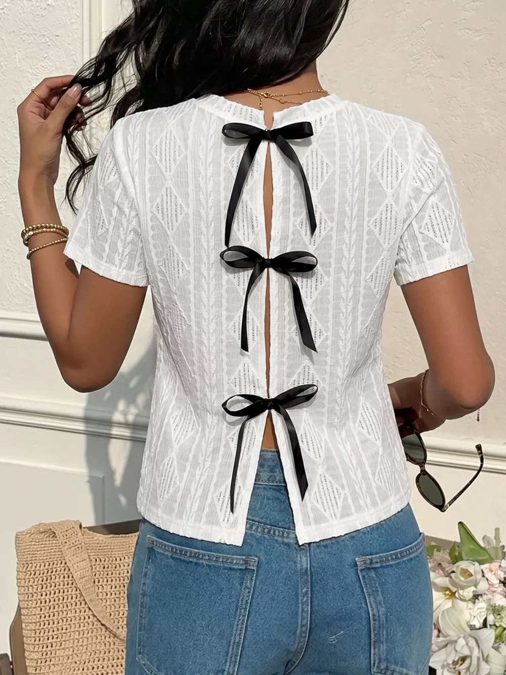 Textured Bow Back Knit T-Shirt, image 2
